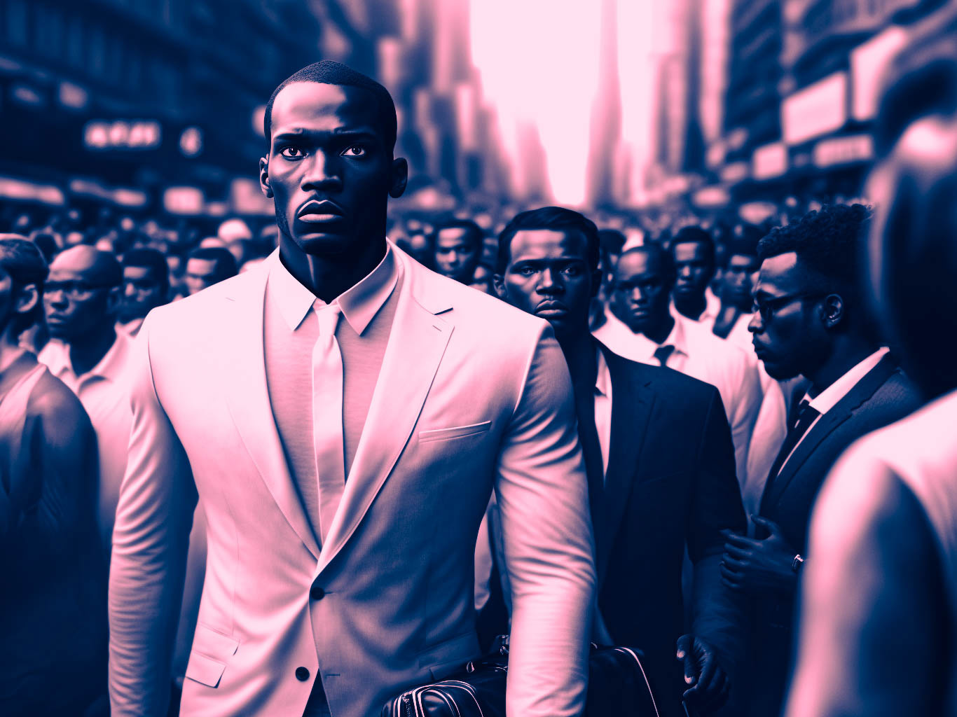 AI generated picture of a crowded street with people wearing suits